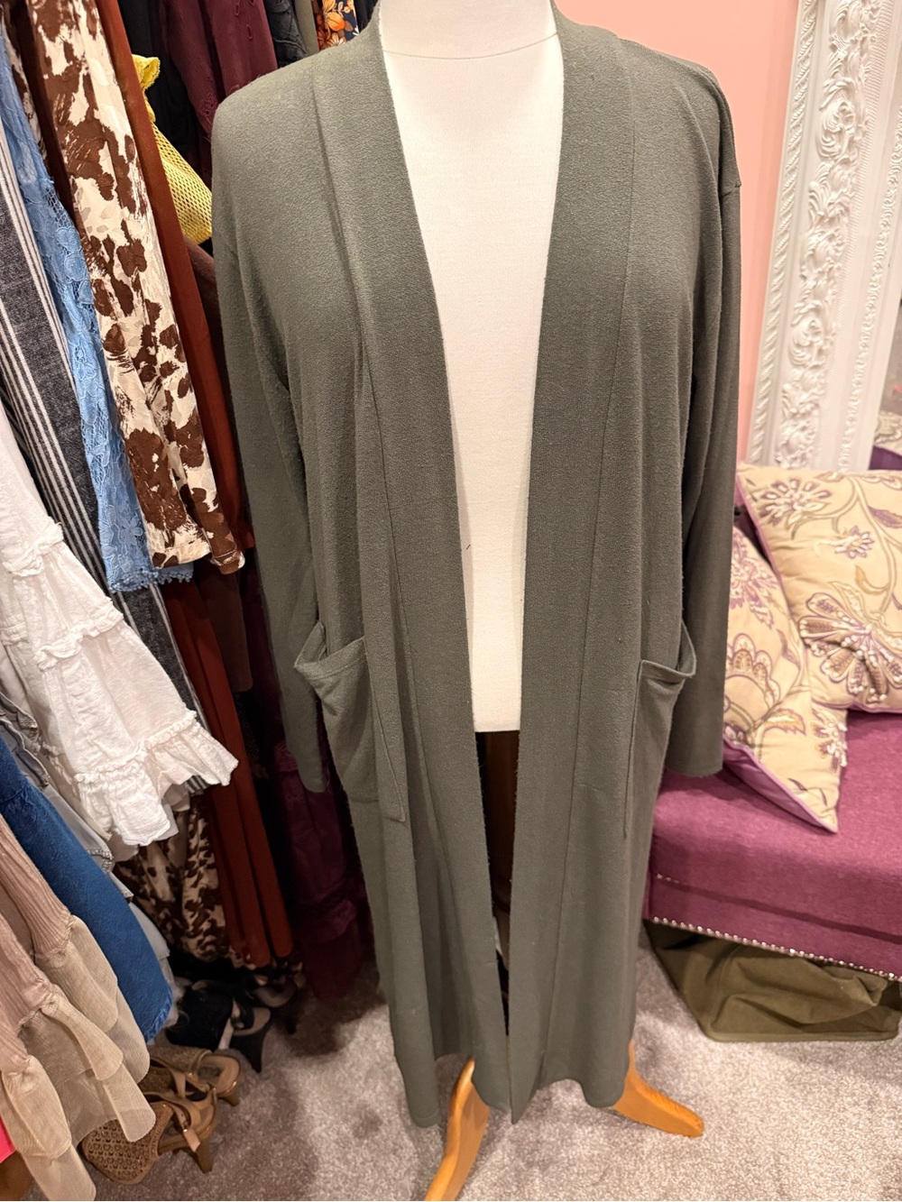 Long Open-Front Women's Cardigan Sweater in Olive Green